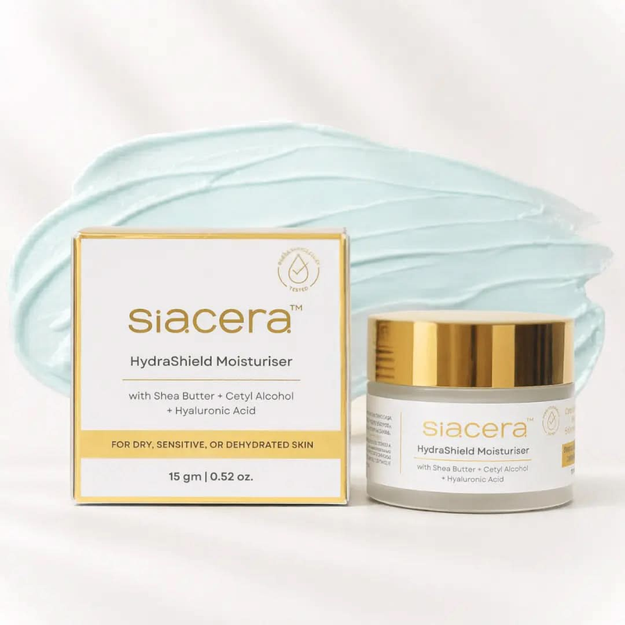 Siacera HydraShield Moisturiser - product bottle showing texture and consistency