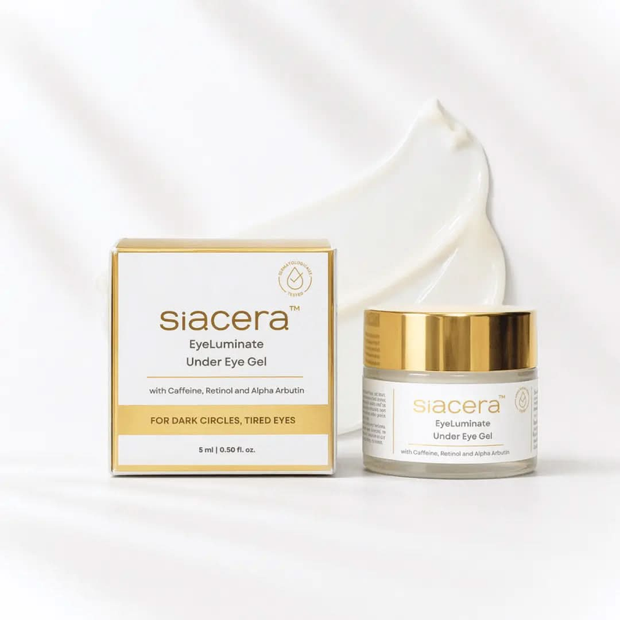 Siacera EyeLuminate Under Eye Gel - product bottle showing texture and consistency